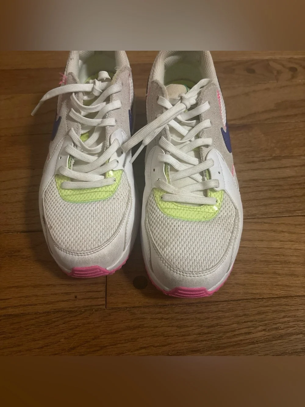 Nike White Sneakers with Purple Swoosh and Neon Pink & Yellow Accents